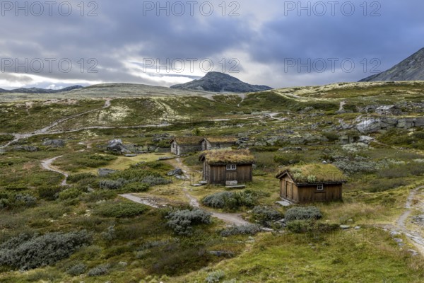 Wooden huts scattered in a forested mountain landscape with narrow paths and moderate cloud cover