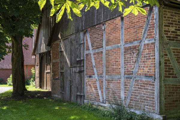 Front of a half-timbered house with wood and bricks, shaded by deciduous trees, Weser cycle path,