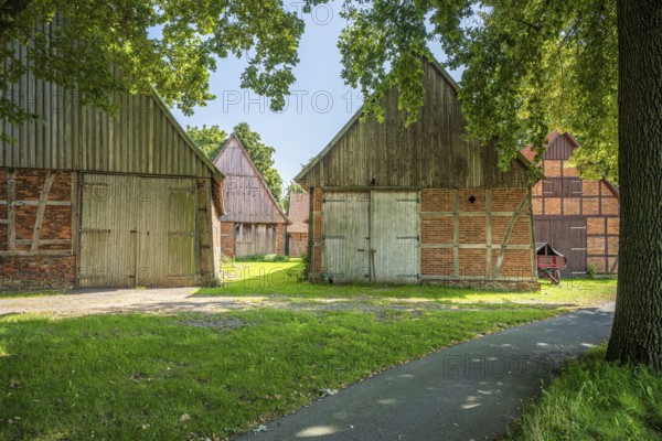 Rural path leads between old half-timbered houses surrounded by trees, Weser cycle path,