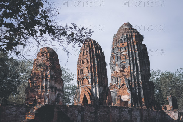 Tall brick ruins and towers reaching towards the sky amidst surrounding trees, evoking antiquity.