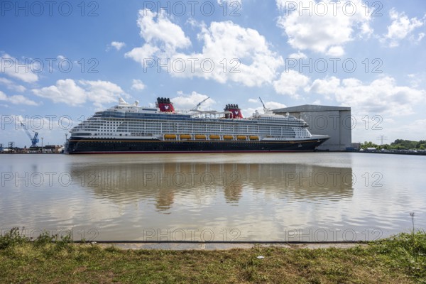 A cruise ship lies in the water, surrounded by a shipyard and a grassy embankment, cruise ship in