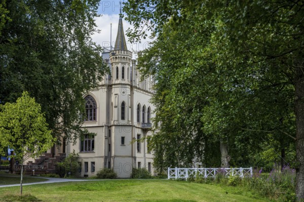 A castle with Gothic elements, surrounded by green landscape and trees, Schloss Evenburg, Leer,