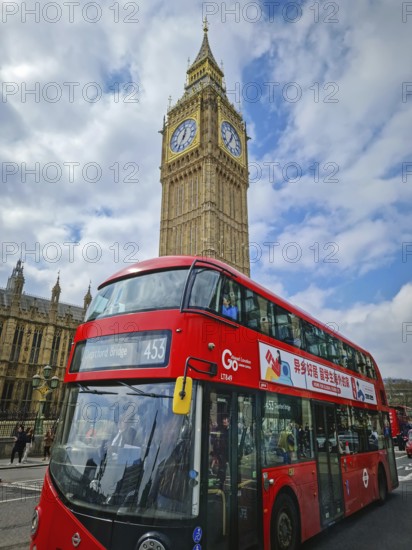 LONDON, UNITED KINGDOM - APRIL 15, 2023 A classic London scene with a red double-decker bus in the