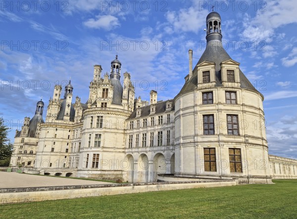 Chateau de Chambord architectural details. Majestic medieval castle in France. Iconic French