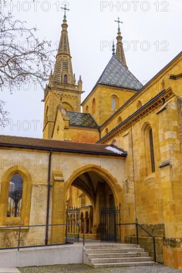Beautiful Cathedral Collégiale de Neuchatel and Branch with Sky in City of Neuchatel, Canton