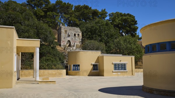 Primary school, Modern building with round buildings and forest in the background, Historicism, Art