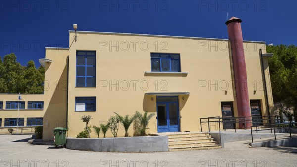 Gymnasium, Modern beige building with blue doors and windows under a clear sky, Historicism, Art