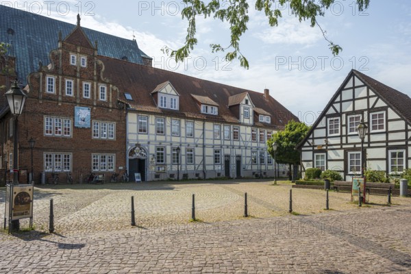 Historic half-timbered houses. Quiet and peaceful neighbourhood with paved ground, Verden an der