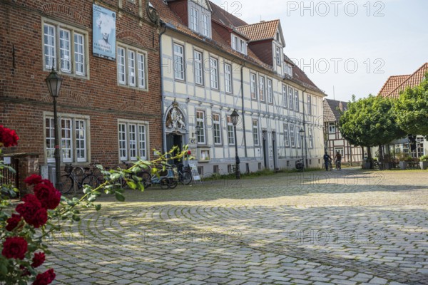 Half-timbered houses with red roses in a cobbled courtyard. Peaceful and historic scenery, Verden