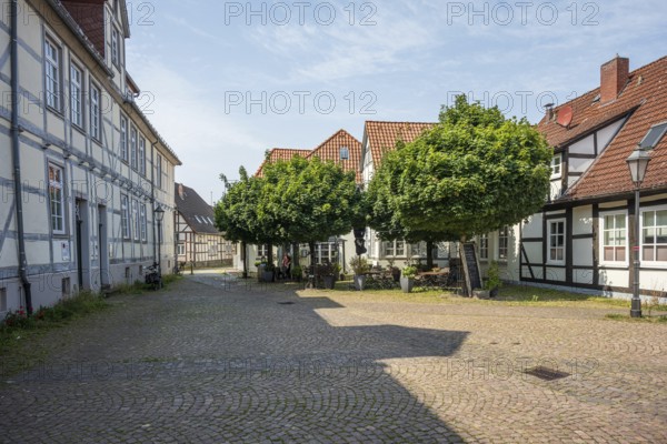 Cobbled courtyard with traditional half-timbered houses and trees on a sunny day, Verden an der