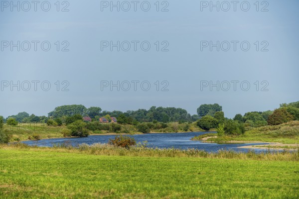 River flows through a green landscape under a blue sky, surrounded by trees and meadows, Weser