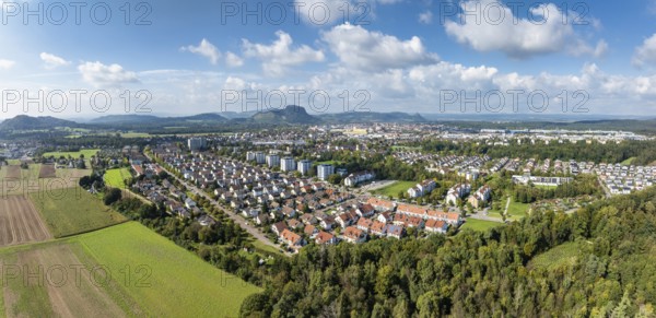 Aerial view, panorama of the town of Singen am Hohentwiel, on the horizon the Hegau mountains,