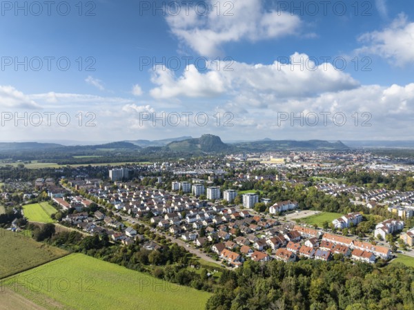 Aerial view of the town of Singen am Hohentwiel, on the horizon the Hegau Mountains, district of