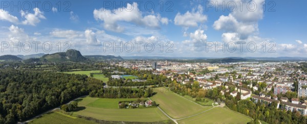 Aerial view, panorama of the town of Singen am Hohentwiel with the Münchriedstadion and