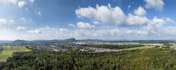 Aerial view, panorama of the town of Singen am Hohentwiel, on the horizon the Hegau mountains,