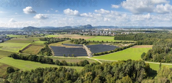 Aerial view, panorama, solar modules, solar park, photovoltaics, power generation from solar