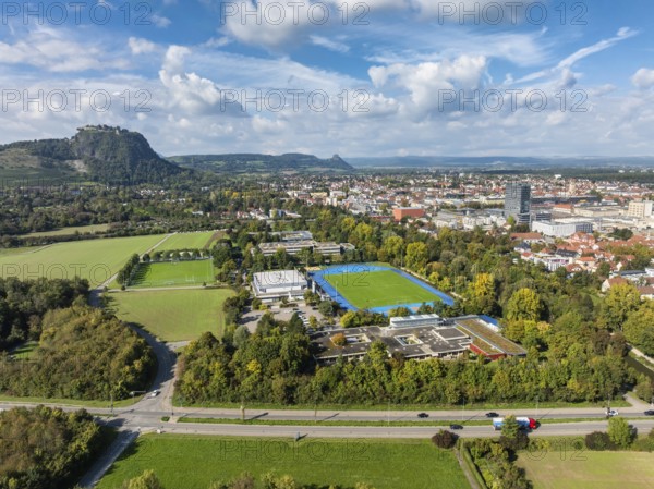 Aerial view of the town of Singen am Hohentwiel with the Münchriedstadion and Friedrich-Wöhler