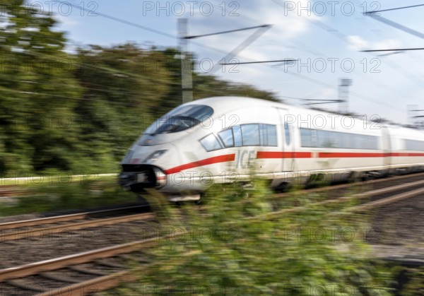 Train traffic on one of the busiest railway lines in Germany, ICE train between Duisburg and