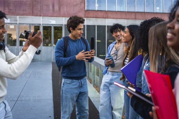 Students on university campus creating social media content, interviewing for a vlog or podcast,