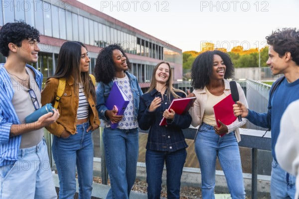 Group of happy young college students standing on a university campus getting interviewed by a