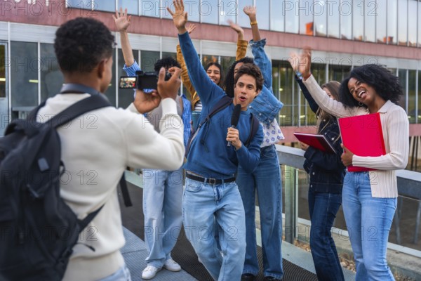 Young diverse students creating social media content together, vlogging on university campus while