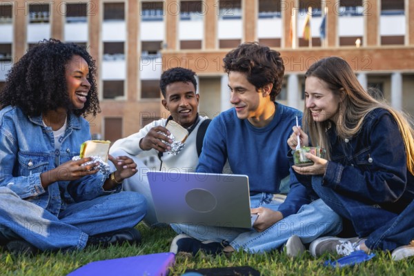 Group of happy young university students from different ethnicities eating, laughing, and using a