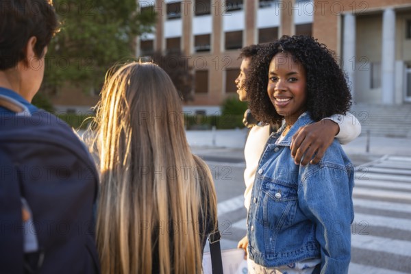 Diverse group of young students smiling and walking on a university campus during sunset,