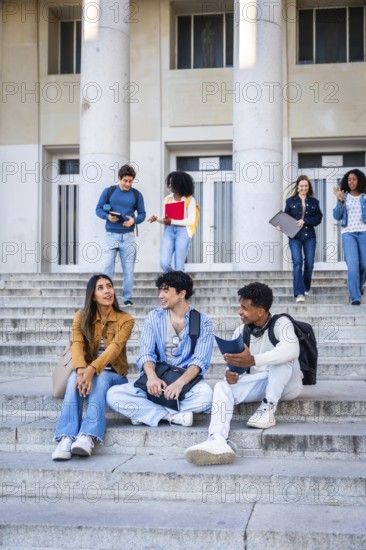 Diverse group of young adult students interacting and studying on the stone steps of a university