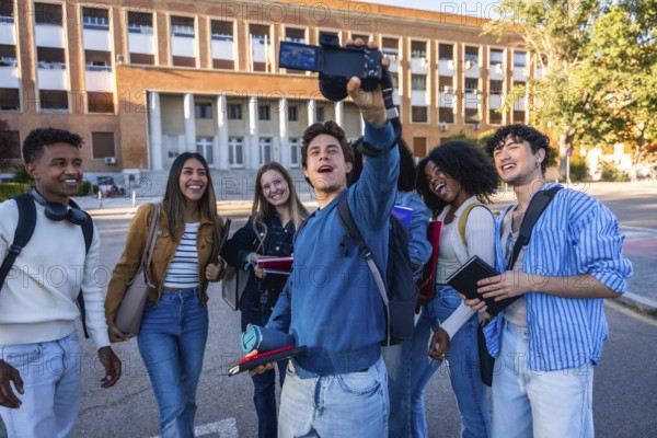 Diverse students standing together on a university campus, smiling and vlogging, capturing joyful