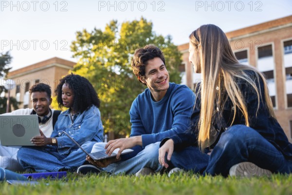 Group of diverse university students collaborating, studying, and engaging in conversations on the