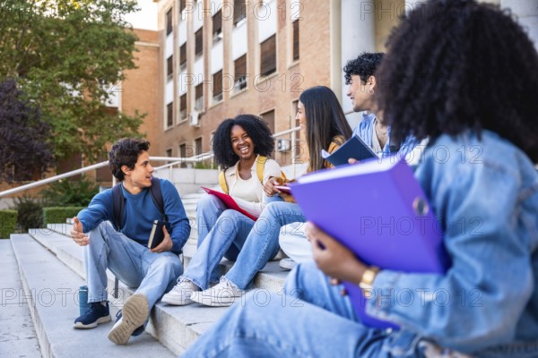 Diverse group of university students sitting on campus steps, smiling and chatting confidently,