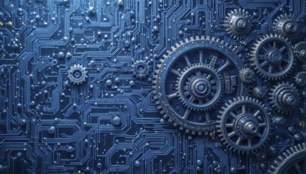 A close-up of a blue circuit board design with intricate details, combined with mechanical gears,