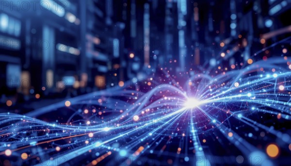 A vibrant image of a digital network, featuring glowing lines, particles, and a central bright