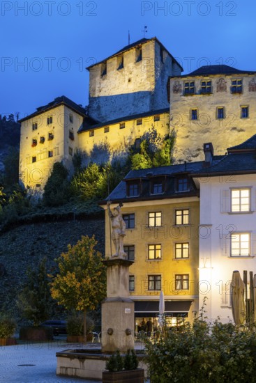 Historic houses, alley of houses with view of Schattenburg Castle, Blue Hour, Neustadt,