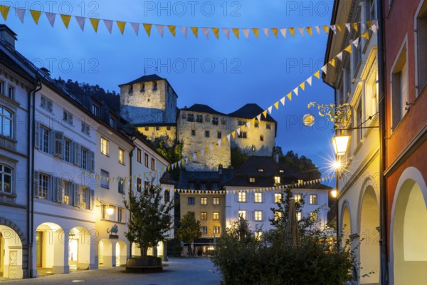 Historic houses, alley of houses with view of Schattenburg Castle, Blue Hour, Neustadt,