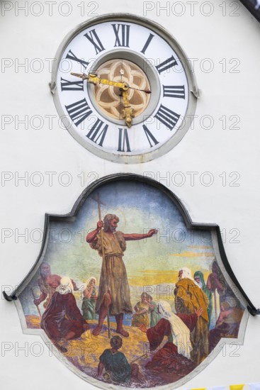 Façade, wall clock, Christian mural painting, St John's Church, market square, Feldkirch,