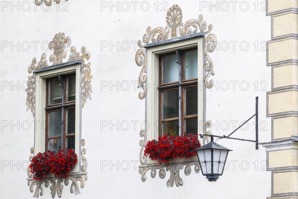 Palais Lichtenstein, historic building, facade with painting, historic lantern, Herrengasse,