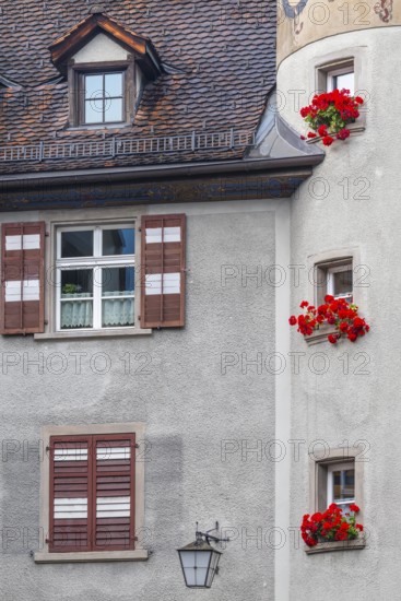 Facade, window shutters, floral decoration, historic building, Chrurer Tor, Feldkirch, Vorarlberg,