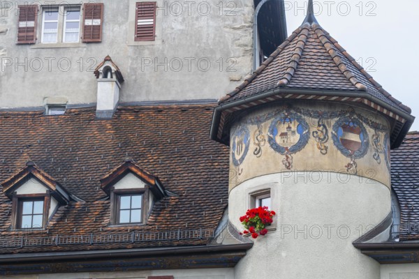Facade, window shutters, floral decoration, historic building, Chrurer Tor, Feldkirch, Vorarlberg,