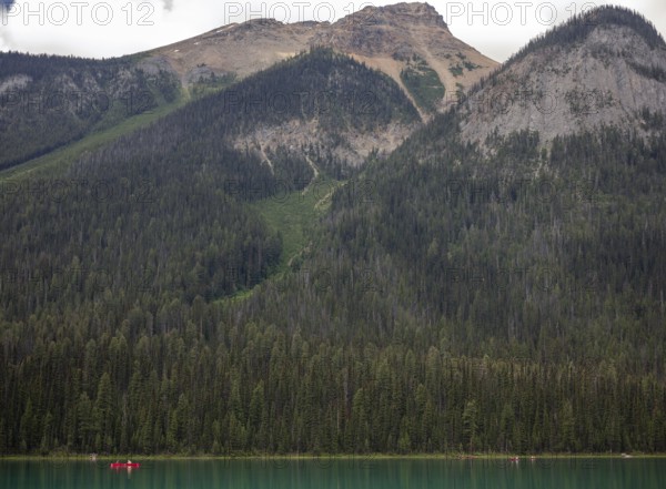 Vast forest of the Canadian Rocky Mountains and a serene Emerald Lake inside Yoho National Park,