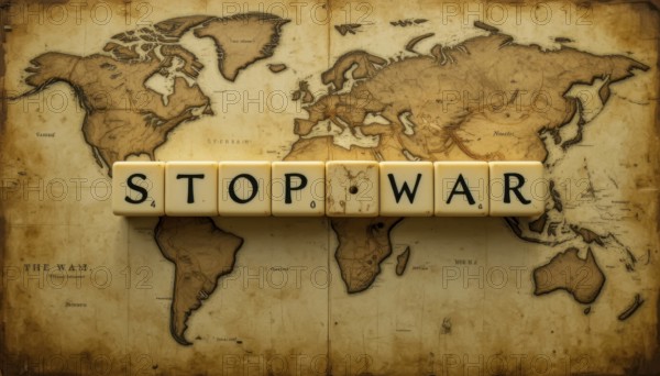 The image features the message STOP WAR spelled out with letter tiles on an antique world map,