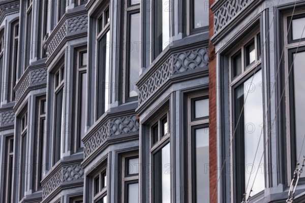 Facade of a building with a series of windows and intricate architectural designs, reflecting a