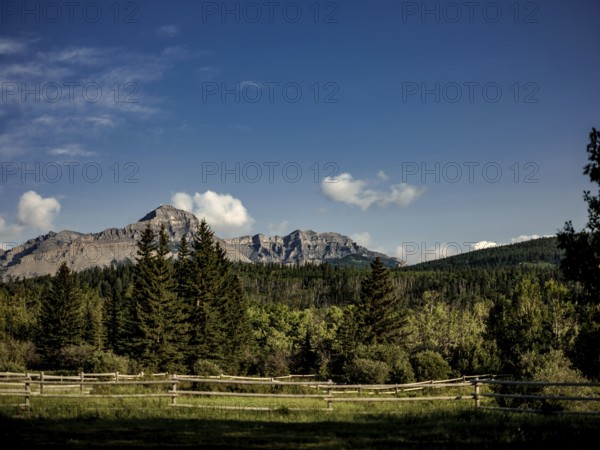 Landscape of mountains of the Canadian Rocky Mountains viewed from a grassy field with a wooden