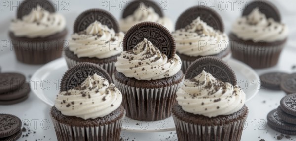 A close-up shot of several chocolate cupcakes topped with creamy frosting and Oreo cookies, perfect