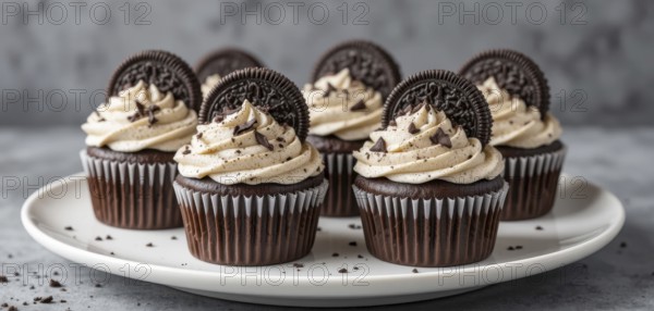 A close-up shot of several chocolate cupcakes topped with cream cheese frosting and Oreo cookies,