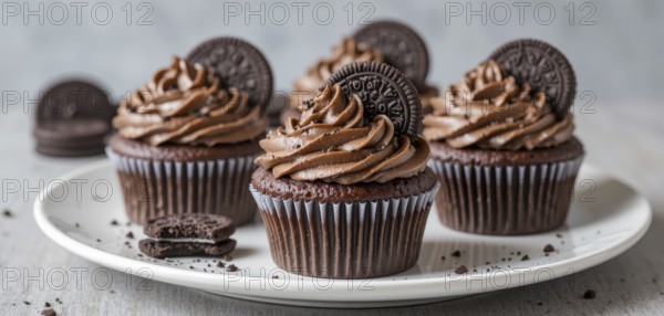 A close-up shot of several chocolate cupcakes with rich chocolate frosting and cookie decorations,