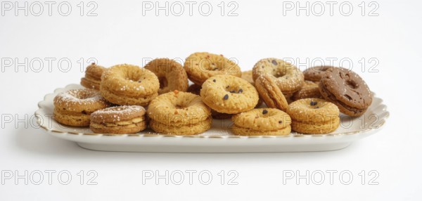 A variety of cookies, some with chocolate chips and powdered sugar, are arranged on a white,