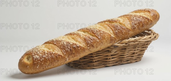 A golden-brown baguette, sprinkled with crumbs, rests in a woven wicker basket against a white