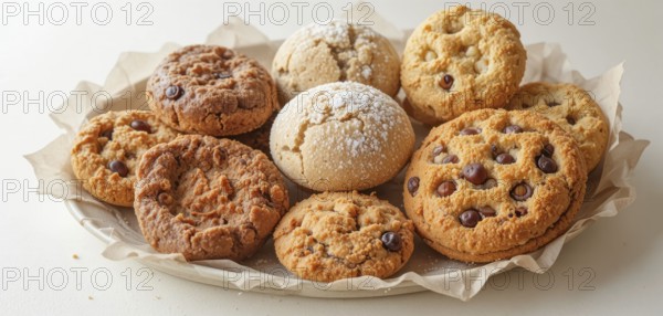 A variety of cookies, including chocolate chip and powdered sugar, are arranged on a plate with