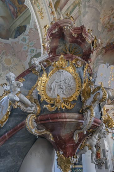 Church of St Gallus and Ulrich, the pulpit with frescoes, Kisslegg, Allgäu, Baden-Württemberg,